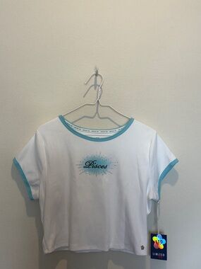 Limited Too White Tee with Aqua Trim - Pisces Graphic with rhinestones